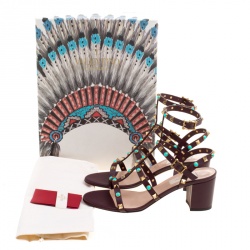 Pre Owned Valentino Mocha Brown Leather Rolling Rockstud Cabochon Gladiator Sandals Size 38.5