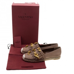 Valentino Beige Woven Leather Floral Embellished Espadrilles Size 37