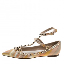 Pre Owned Valentino Native Couture 1975 Print Leather T Strap Rockstud Pointed Toe Ballet Flats Size 38