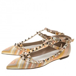 Valentino Native Couture 1975 Print Leather T Strap Rockstud Pointed Toe Ballet Flats Size 38 