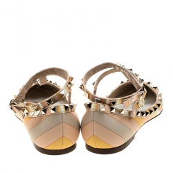 Pre Owned Valentino Native Couture 1975 Print Leather T Strap Rockstud Pointed Toe Ballet Flats Size 38