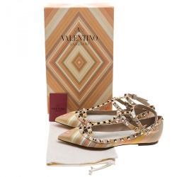Valentino Native Couture 1975 Print Leather T Strap Rockstud Pointed Toe Ballet Flats Size 38 