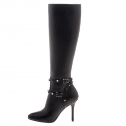 Pre Owned Valentino Black Leather Rockstud Knee Length Boots Size 37