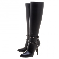 Pre Owned Valentino Black Leather Rockstud Knee Length Boots Size 37