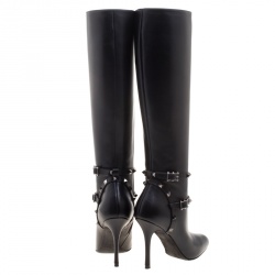 Pre Owned Valentino Black Leather Rockstud Knee Length Boots Size 37