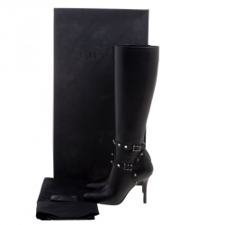 Pre Owned Valentino Black Leather Rockstud Knee Length Boots Size 37