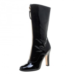 Pre Owned Valentino Black Patent Leather Zip Detail Mid Calf Boots Size 38.5