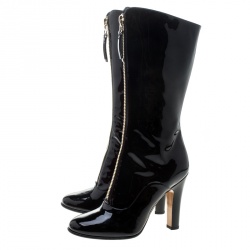 Pre Owned Valentino Black Patent Leather Zip Detail Mid Calf Boots Size 38.5