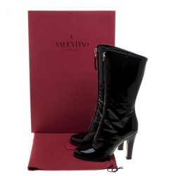 Pre Owned Valentino Black Patent Leather Zip Detail Mid Calf Boots Size 38.5