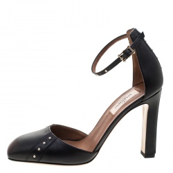 Pre Owned Valentino Black Leather Studded Ankle Strap Square Toe Pumps Size 37