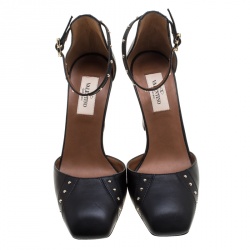 Pre Owned Valentino Black Leather Studded Ankle Strap Square Toe Pumps Size 37