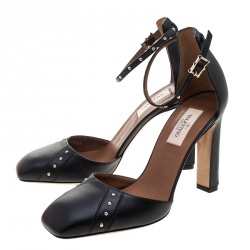 Pre Owned Valentino Black Leather Studded Ankle Strap Square Toe Pumps Size 37