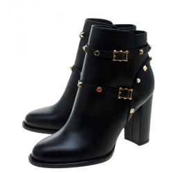 Pre Owned Valentino Black Leather Rolling Rockstud Ankle Boots Size 38.5