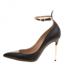Pre Owned Valentino Black Leather Rockstud Heel Ankle Strap Pointed Toe Pumps Size 40