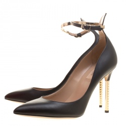 Pre Owned Valentino Black Leather Rockstud Heel Ankle Strap Pointed Toe Pumps Size 40