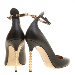 Pre Owned Valentino Black Leather Rockstud Heel Ankle Strap Pointed Toe Pumps Size 40