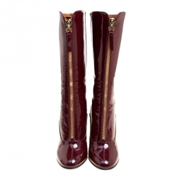 Pre Owned Valentino Crimson Red Patent Leather Zip Detail Mid Calf Boots Size 38