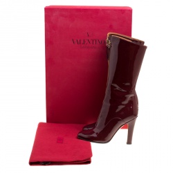 Pre Owned Valentino Crimson Red Patent Leather Zip Detail Mid Calf Boots Size 38