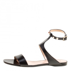 Pre Owned Valentino Black Leather Rockstud Ankle Strap Flat Sandals Size 40