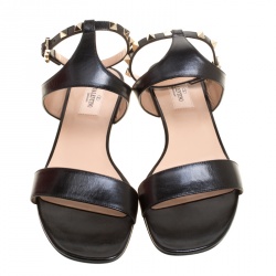 Pre Owned Valentino Black Leather Rockstud Ankle Strap Flat Sandals Size 40