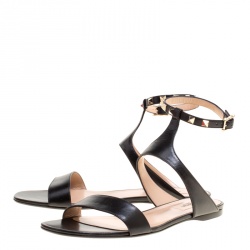 Pre Owned Valentino Black Leather Rockstud Ankle Strap Flat Sandals Size 40