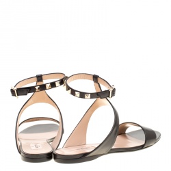 Pre Owned Valentino Black Leather Rockstud Ankle Strap Flat Sandals Size 40