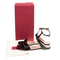Pre Owned Valentino Black Leather Rockstud Ankle Strap Flat Sandals Size 40