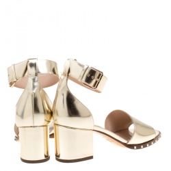 Pre Owned Valentino Gold Leather Soul Rockstud Ankle Strap Block Heel Sandals Size 37