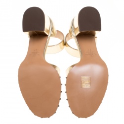 Pre Owned Valentino Gold Leather Soul Rockstud Ankle Strap Block Heel Sandals Size 37