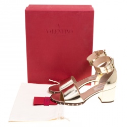 Pre Owned Valentino Gold Leather Soul Rockstud Ankle Strap Block Heel Sandals Size 37