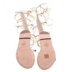 Pre Owned Valentino Metallic Bronze Leather Knee High Rockstud Gladiator Sandals Size 36