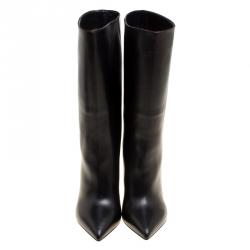 Pre Owned Valentino Black Leather Mid Calf Pointed Toe Boots Size 38