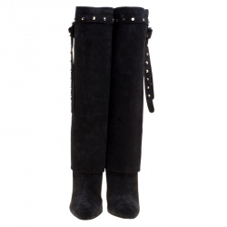Pre Owned Valentino Black Suede Rockstud Tie Foldover Knee Length Boots Size 37