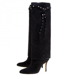Pre Owned Valentino Black Suede Rockstud Tie Foldover Knee Length Boots Size 37