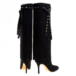 Pre Owned Valentino Black Suede Rockstud Tie Foldover Knee Length Boots Size 37
