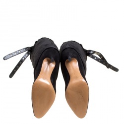 Pre Owned Valentino Black Suede Rockstud Tie Foldover Knee Length Boots Size 37