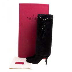 Pre Owned Valentino Black Suede Rockstud Tie Foldover Knee Length Boots Size 37