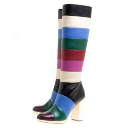 Pre Owned Valentino Multicolor Striped Leather Knee Boots Size 40