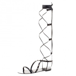 Pre Owned Valentino Black Leather Knee High Rockstud Gladiator Flat Sandals Size 36