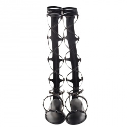Pre Owned Valentino Black Leather Knee High Rockstud Gladiator Flat Sandals Size 36