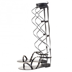 Pre Owned Valentino Black Leather Knee High Rockstud Gladiator Flat Sandals Size 36