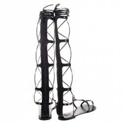 Pre Owned Valentino Black Leather Knee High Rockstud Gladiator Flat Sandals Size 36