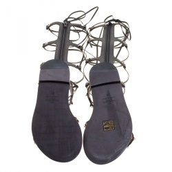 Pre Owned Valentino Black Leather Knee High Rockstud Gladiator Flat Sandals Size 36