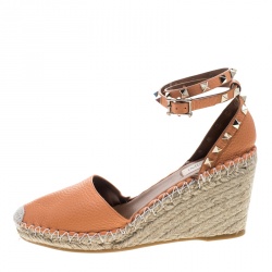 Pre Owned Valentino Tangerine Orange Leather Rockstud Ankle Strap Wedge Espadrille Sandals Size 39
