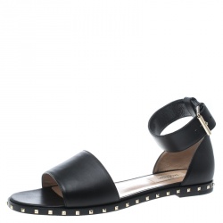 Pre Owned Valentino Black Leather Soul Rockstud Ankle Strap Flat Sandals Size 37