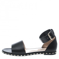 Pre Owned Valentino Black Leather Soul Rockstud Ankle Strap Flat Sandals Size 37