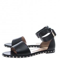 Pre Owned Valentino Black Leather Soul Rockstud Ankle Strap Flat Sandals Size 37