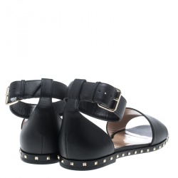 Pre Owned Valentino Black Leather Soul Rockstud Ankle Strap Flat Sandals Size 37