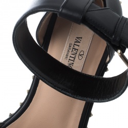 Pre Owned Valentino Black Leather Soul Rockstud Ankle Strap Flat Sandals Size 37