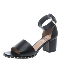 Pre Owned Valentino Black Leather Soul Rockstud Ankle Strap Block Heel Sandals Size 39.5